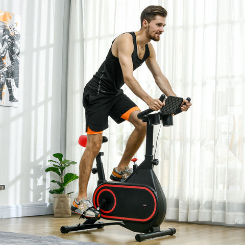 Bicicleta Estática com Ecrã LCD Assento e Guiador Ajustáveis Volante 4 kg e Porta Garrafa 93x48,5x102-112 cm Vermelho e Preto