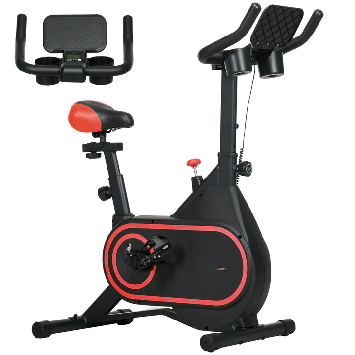 Bicicleta Estática com Ecrã LCD Assento e Guiador Ajustáveis Volante 4 kg e Porta Garrafa 93x48,5x102-112 cm Vermelho e Preto