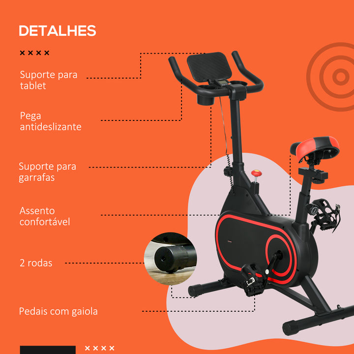 Bicicleta Estática com Ecrã LCD Assento e Guiador Ajustáveis Volante 4 kg e Porta Garrafa 93x48,5x102-112 cm Vermelho e Preto