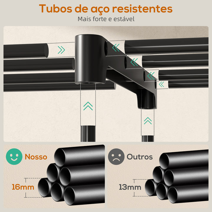 Armário para Roupas 182x43x185 cm Armário Aberto com 8 Prateleiras de Tecido Barras para Pendurar Estrutura de Metal para Quarto Sala Vestiário Preto