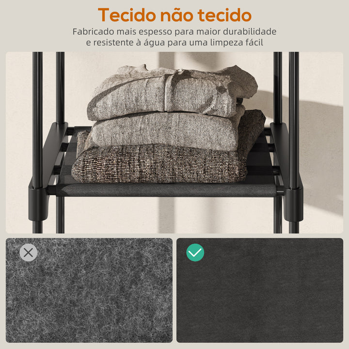 Armário para Roupas 182x43x185 cm Armário Aberto com 8 Prateleiras de Tecido Barras para Pendurar Estrutura de Metal para Quarto Sala Vestiário Preto