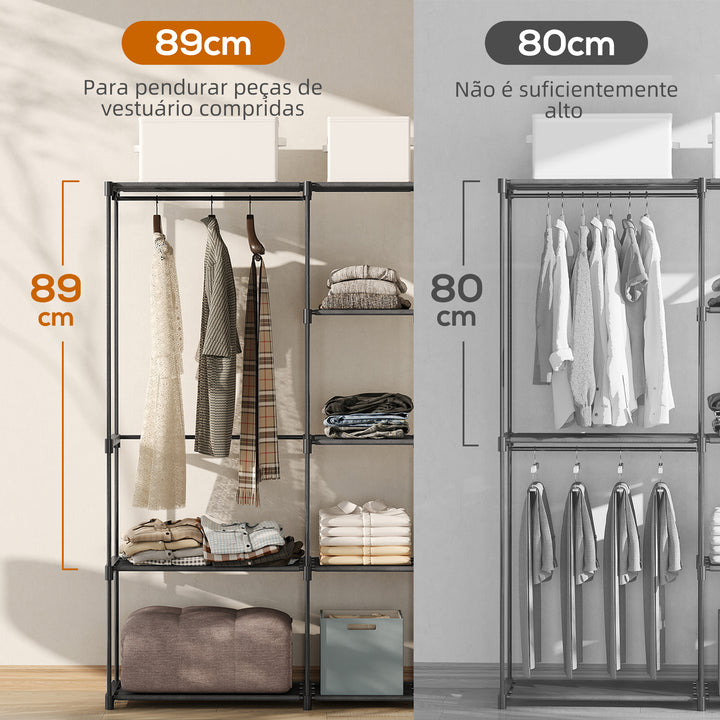 Armário para Roupas 182x43x185 cm Armário Aberto com 8 Prateleiras de Tecido Barras para Pendurar Estrutura de Metal para Quarto Sala Vestiário Preto