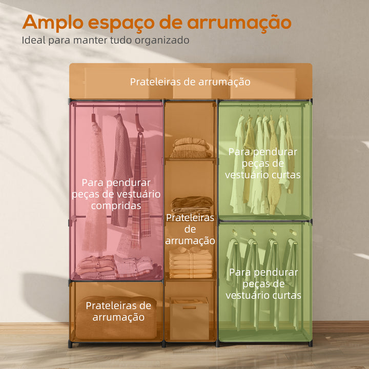 Armário para Roupas 182x43x185 cm Armário Aberto com 8 Prateleiras de Tecido Barras para Pendurar Estrutura de Metal para Quarto Sala Vestiário Preto