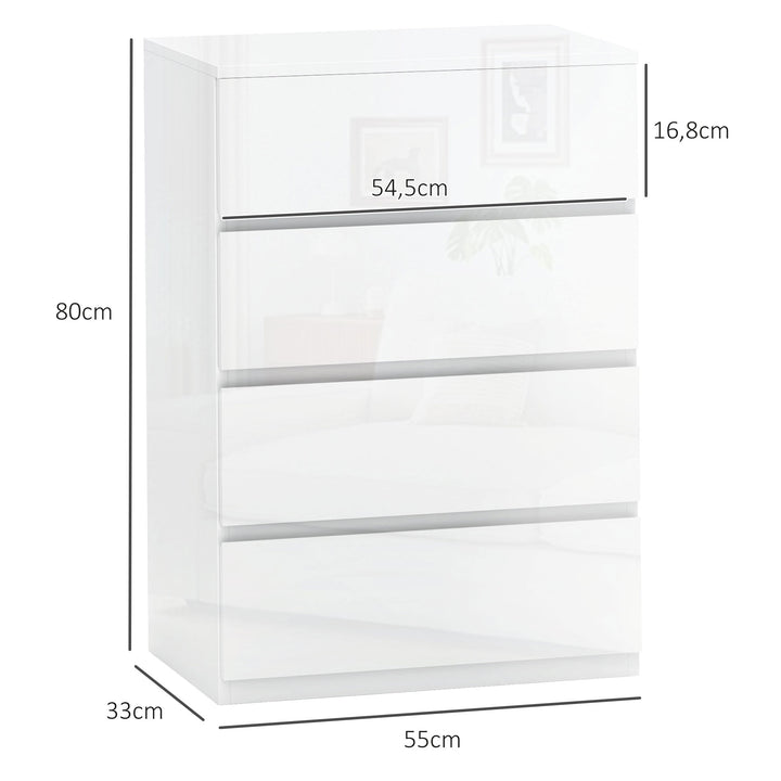 Cómoda com 4 Gavetas de Madeira Cómoda de Dormitório Cómoda Branca para Sala de Estar Estilo Moderno 55x33x80 cm Branco Brilhante