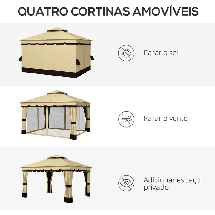 Pérgola de Jardim 370x300x275 cm Pérgola de Exterior com 4 Paredes Laterais 4 Mosquiteiros Teto Duplo Impermeável e Anti-UV para Terraço Pátio Praia Bege