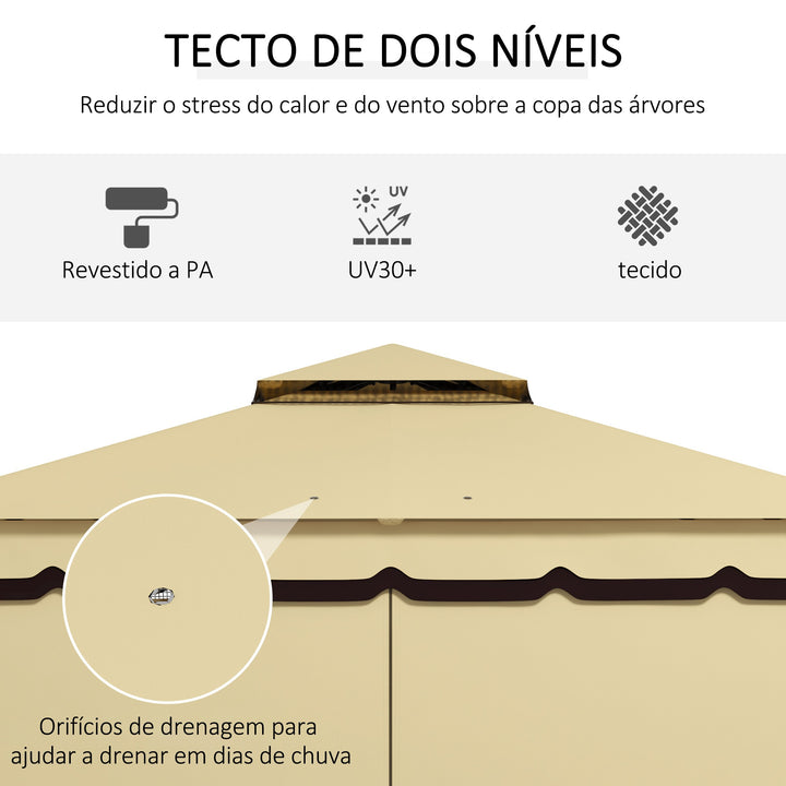 Pérgola de Jardim 370x300x275 cm Pérgola de Exterior com 4 Paredes Laterais 4 Mosquiteiros Teto Duplo Impermeável e Anti-UV para Terraço Pátio Praia Bege