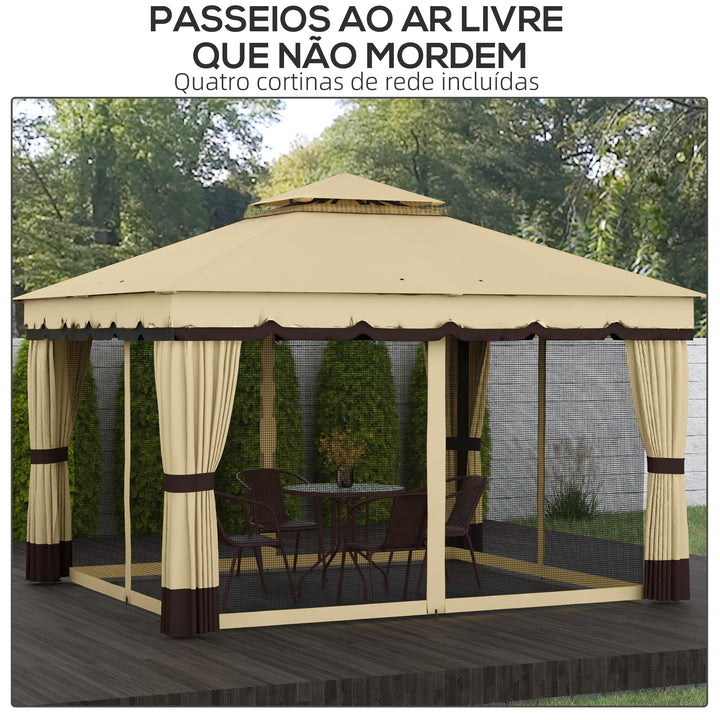 Pérgola de Jardim 370x300x275 cm Pérgola de Exterior com 4 Paredes Laterais 4 Mosquiteiros Teto Duplo Impermeável e Anti-UV para Terraço Pátio Praia Bege