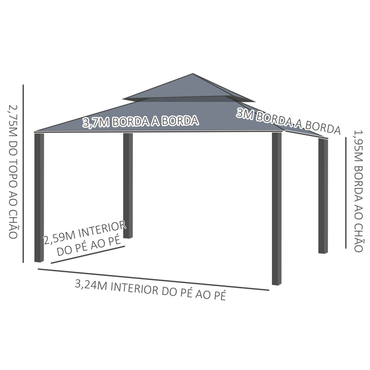 Pérgola de Jardim 370x300x275 cm Pérgola de Exterior com 4 Paredes Laterais 4 Mosquiteiros Teto Duplo Impermeável e Anti-UV para Terraço Pátio Praia Bege