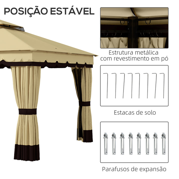 Pérgola de Jardim 370x300x275 cm Pérgola de Exterior com 4 Paredes Laterais 4 Mosquiteiros Teto Duplo Impermeável e Anti-UV para Terraço Pátio Praia Bege