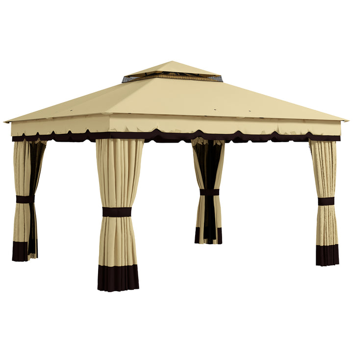 Pérgola de Jardim 370x300x275 cm Pérgola de Exterior com 4 Paredes Laterais 4 Mosquiteiros Teto Duplo Impermeável e Anti-UV para Terraço Pátio Praia Bege