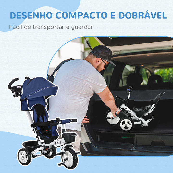 Triciclo para Bebés Dobrável Triciclo Evolutivo 2 em 1 para Crianças de 12-60 Meses com Toldo Dobrável Guiador Telescópico Apoio para os Pés Cinto de Segurança e Cestas 112x50x104 cm Azul