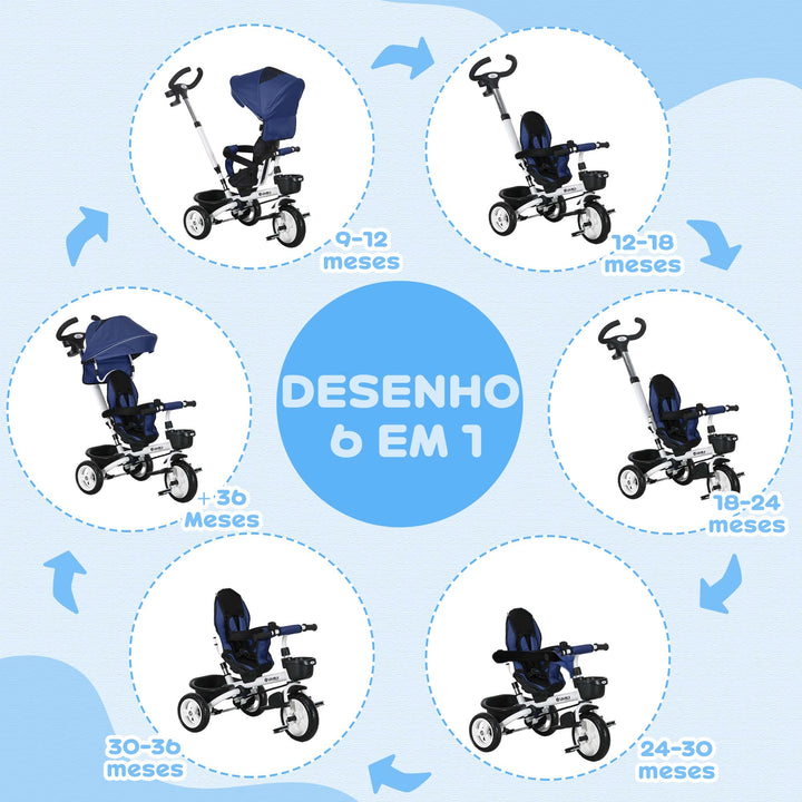 Triciclo para Bebés Dobrável Triciclo Evolutivo 2 em 1 para Crianças de 12-60 Meses com Toldo Dobrável Guiador Telescópico Apoio para os Pés Cinto de Segurança e Cestas 112x50x104 cm Azul