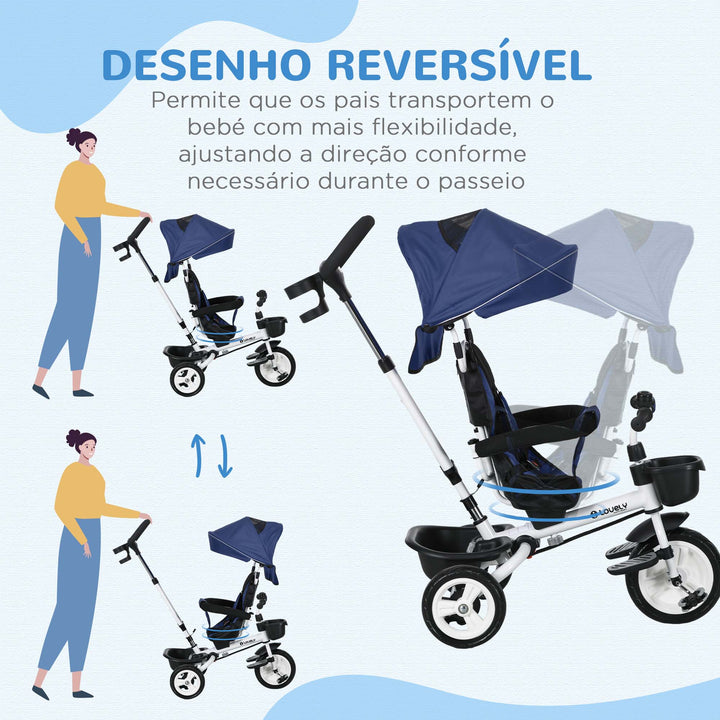 Triciclo para Bebés Dobrável Triciclo Evolutivo 2 em 1 para Crianças de 12-60 Meses com Toldo Dobrável Guiador Telescópico Apoio para os Pés Cinto de Segurança e Cestas 112x50x104 cm Azul