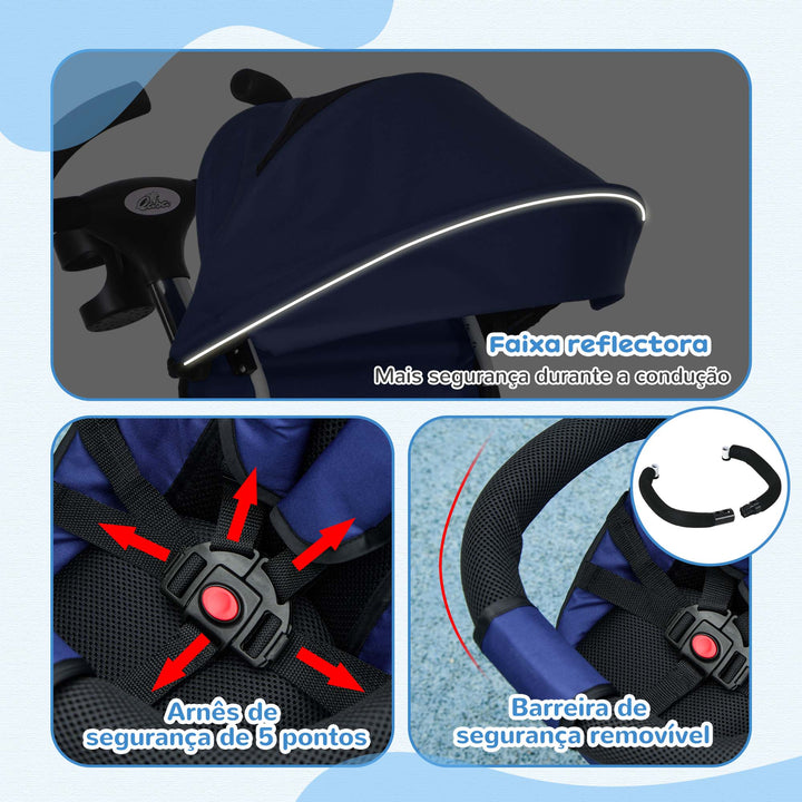 Triciclo para Bebés Dobrável Triciclo Evolutivo 2 em 1 para Crianças de 12-60 Meses com Toldo Dobrável Guiador Telescópico Apoio para os Pés Cinto de Segurança e Cestas 112x50x104 cm Azul