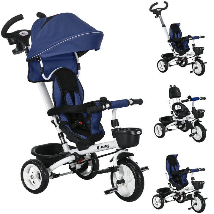 Triciclo para Bebés Dobrável Triciclo Evolutivo 2 em 1 para Crianças de 12-60 Meses com Toldo Dobrável Guiador Telescópico Apoio para os Pés Cinto de Segurança e Cestas 112x50x104 cm Azul