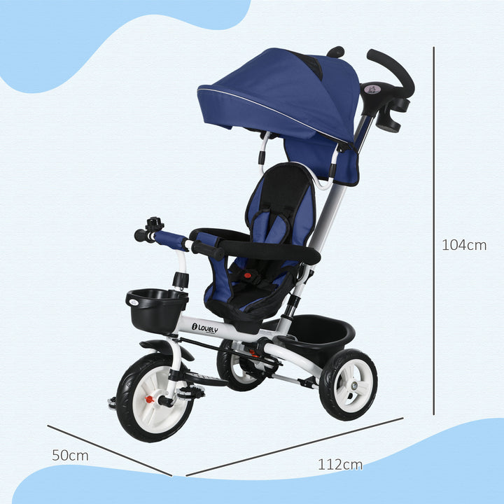 Triciclo para Bebés Dobrável Triciclo Evolutivo 2 em 1 para Crianças de 12-60 Meses com Toldo Dobrável Guiador Telescópico Apoio para os Pés Cinto de Segurança e Cestas 112x50x104 cm Azul