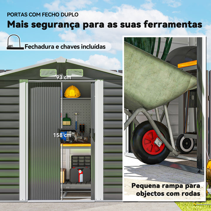 Abrigo de Jardim Exterior 2,36m² 213x120x194 cm Abrigo de Exterior com Base Reforçada (Piso NÃO Incluído) Portas de Correr Duplas Fechadura Janelas Cinza Escuro