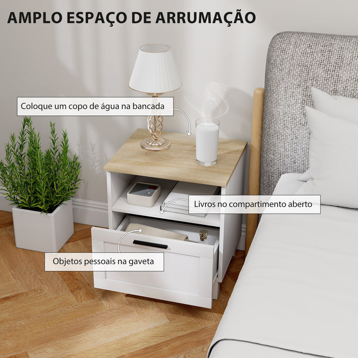 Conjunto de 2 Mesas de Cabeceira Modernas Mesas de Cabeceira com Gaveta Compartimento Aberto Pés de Madeira Mesa Auxiliar para Sala Dormitório 45x38x50 cm Branco