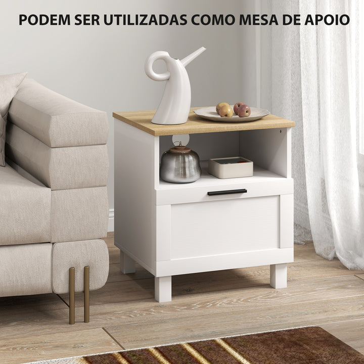 Conjunto de 2 Mesas de Cabeceira Modernas Mesas de Cabeceira com Gaveta Compartimento Aberto Pés de Madeira Mesa Auxiliar para Sala Dormitório 45x38x50 cm Branco