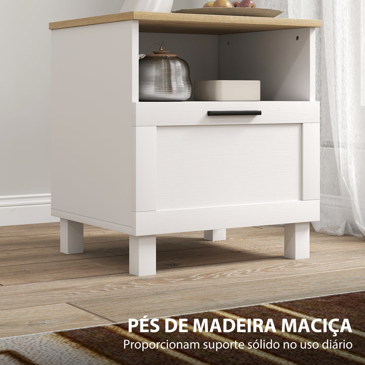 Conjunto de 2 Mesas de Cabeceira Modernas Mesas de Cabeceira com Gaveta Compartimento Aberto Pés de Madeira Mesa Auxiliar para Sala Dormitório 45x38x50 cm Branco