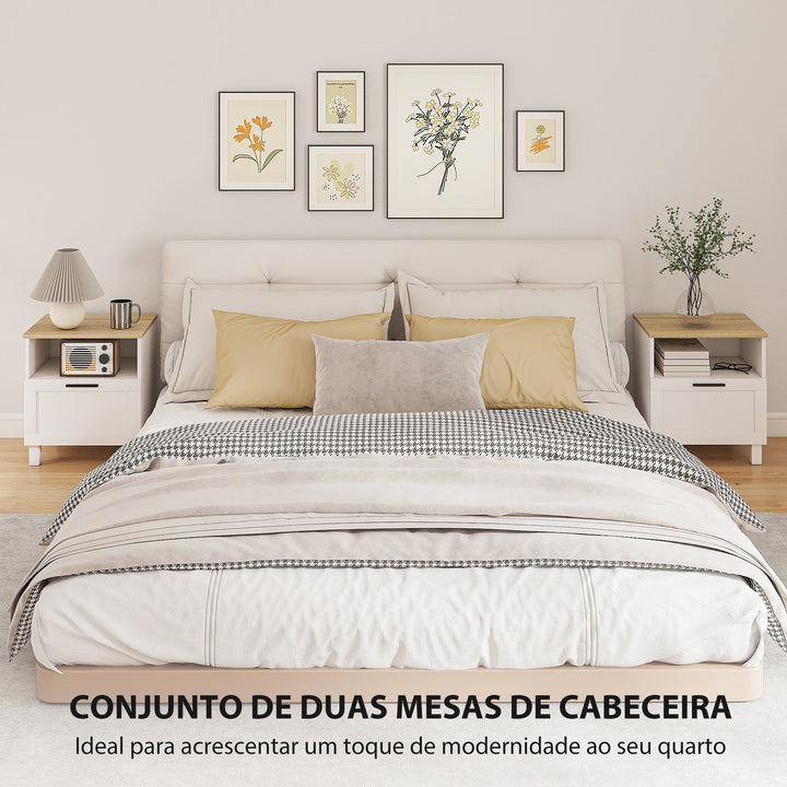 Conjunto de 2 Mesas de Cabeceira Modernas Mesas de Cabeceira com Gaveta Compartimento Aberto Pés de Madeira Mesa Auxiliar para Sala Dormitório 45x38x50 cm Branco