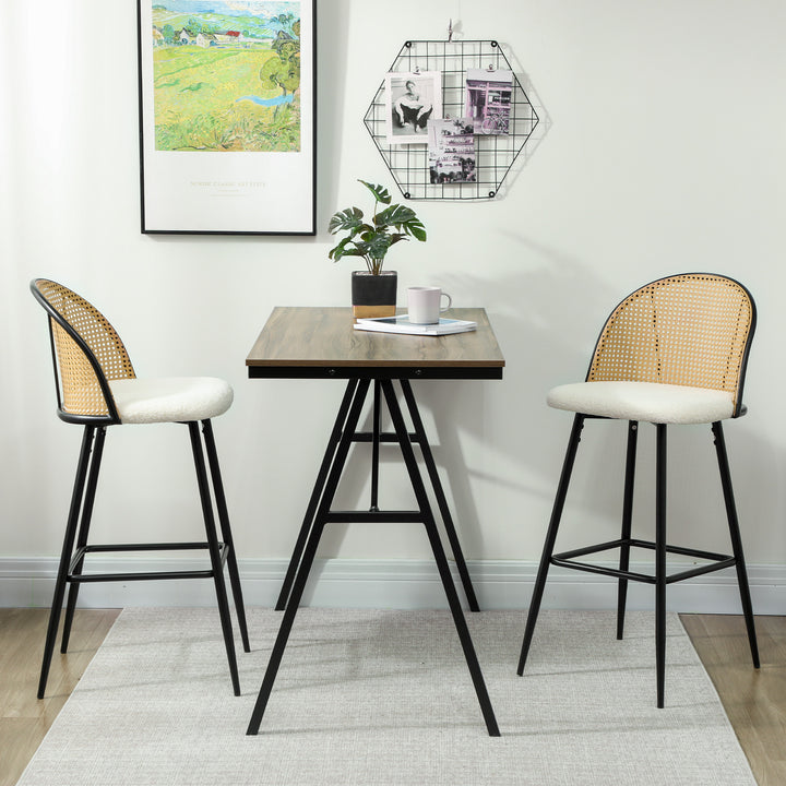 Conjunto de 2 Bancos de Bar Bancos Altos de Cozinha com Encosto de Vime Assento Estofado em Borrego Estrutura de Aço e Apoio para Pés 48x54x102 cm Creme