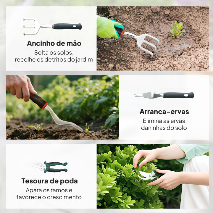 Conjunto de Ferramentas para Jardim de 9 Peças Conjunto de Ferramentas de Jardinagem em Alumínio com Tesouras de Podar com Bloqueio Seguro e Bolsa de Jardim Verde e Preto