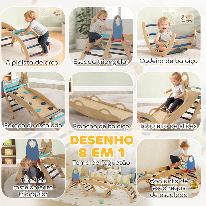 Triângulo de Escalada Montessori 7 em 1 Estrutura de Escalada de Madeira Tema de Foguete com Arco e Rampa para Deslizar ou Escalar para Crianças de 18-48 Meses Interior Azul
