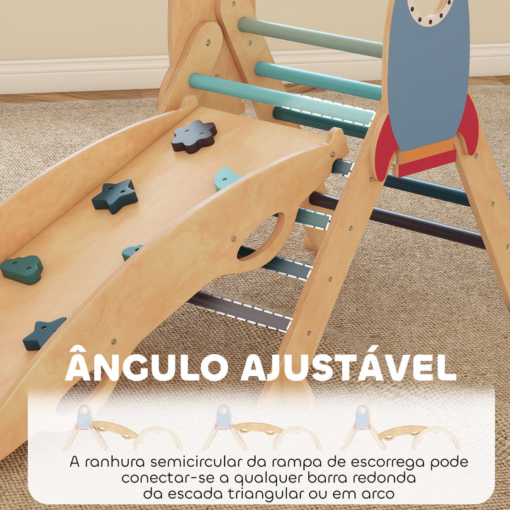 Triângulo de Escalada Montessori 7 em 1 Estrutura de Escalada de Madeira Tema de Foguete com Arco e Rampa para Deslizar ou Escalar para Crianças de 18-48 Meses Interior Azul