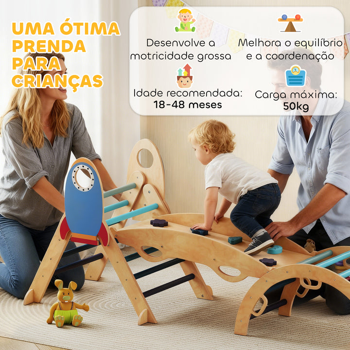Triângulo de Escalada Montessori 7 em 1 Estrutura de Escalada de Madeira Tema de Foguete com Arco e Rampa para Deslizar ou Escalar para Crianças de 18-48 Meses Interior Azul