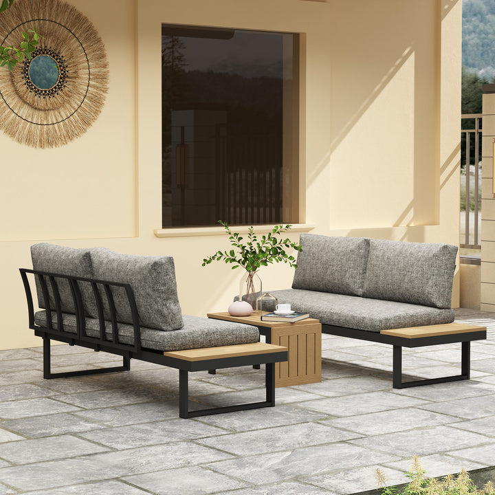 Conjunto de Jardim Exterior de 3 Peças, Sofá Exterior Seccional Resistente com 2 Sofás de 2 Lugares e Mesa de Centro Versátil, Estrutura de Alumínio e Almofadas, Cinzento Claro