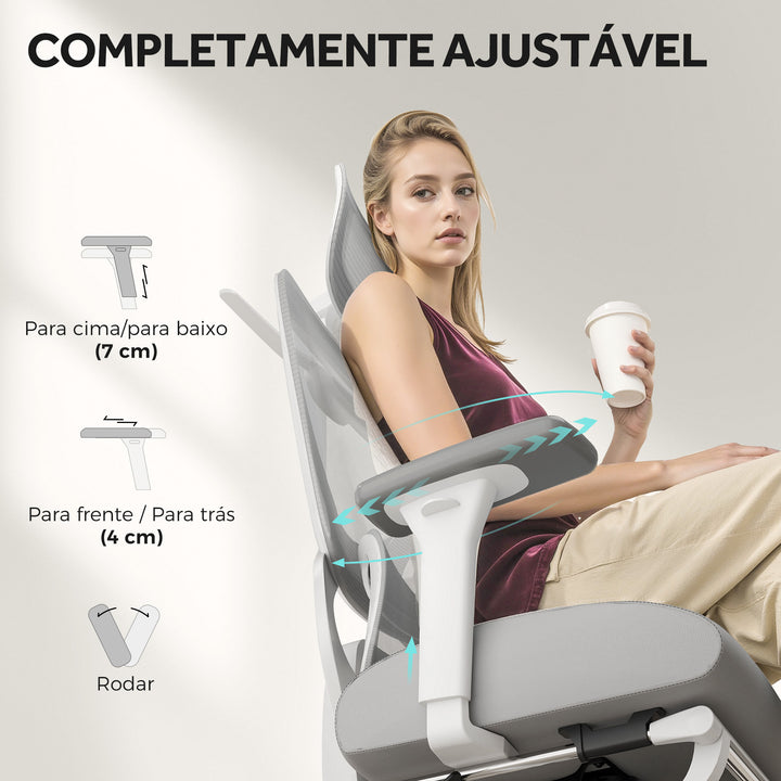 Cadeira de Escritório de Malha Reclinável com Apoio para a Cabeça Ajustável Suporte Lombar Apoio para os Pés Apoios para os Braços e Altura Regulável Suporta até 135 kg 71x70x109-119 cm Cinza