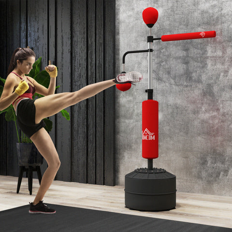 Punching Ball de Boxe com Altura Ajustável com 2 Bolas de Velocidade Barra Giratória 360° e Base Preenchida com Água ou Areia Punching Ball para Adultos 88x50x160-230 cm Vermelho e Preto