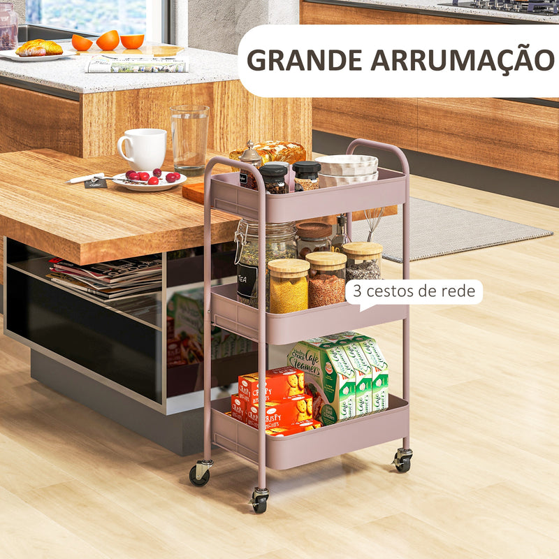 Carrinho Auxiliar de 3 Níveis com Rodas Carrinho de Armazenamento Deslizante com 3 Prateleiras 4 Rodas e 2 Travões para Cozinha Sala 45x30.6x79 cm Rosa