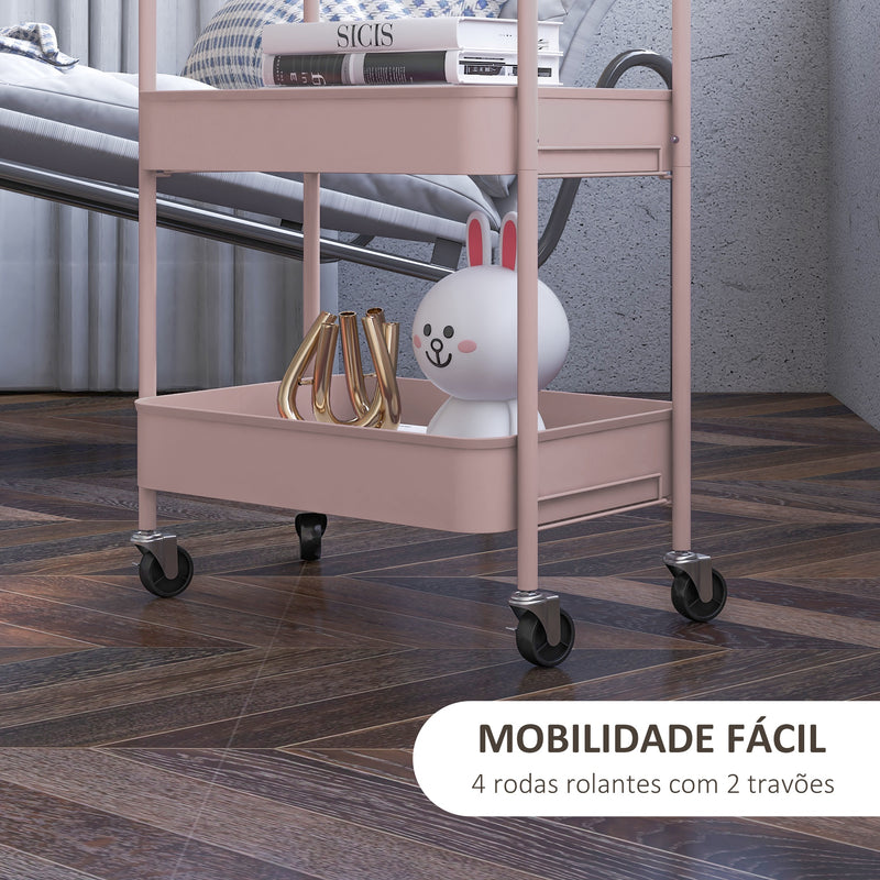 Carrinho Auxiliar de 3 Níveis com Rodas Carrinho de Armazenamento Deslizante com 3 Prateleiras 4 Rodas e 2 Travões para Cozinha Sala 45x30.6x79 cm Rosa