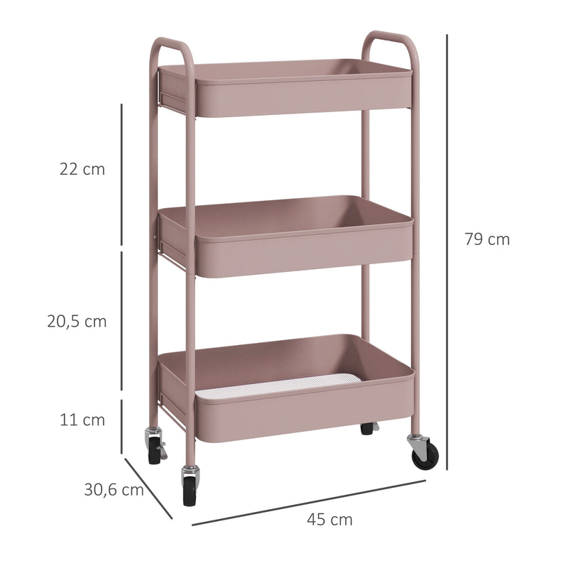 Carrinho Auxiliar de 3 Níveis com Rodas Carrinho de Armazenamento Deslizante com 3 Prateleiras 4 Rodas e 2 Travões para Cozinha Sala 45x30.6x79 cm Rosa