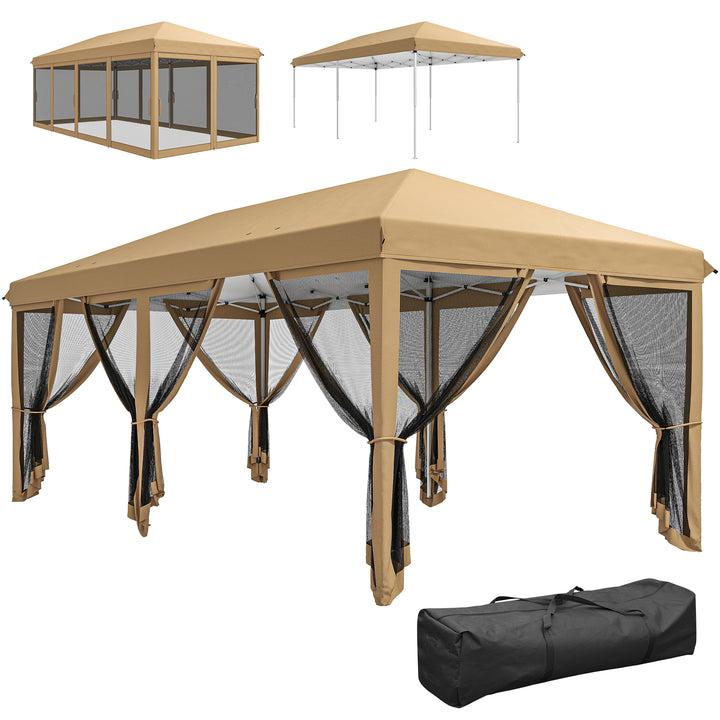 Tenda para Festas 6x3 m Tenda de Jardim com 6 Mosquiteiros Bolsa de Transporte e Estrutura de Aço para Campismo Festas Bege