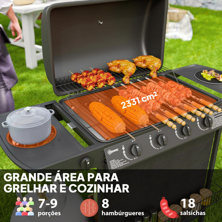 Barbecue a Gás com 4+1 Queimadores 12 kW Barbecue Portátil com Termómetro Mesa Lateral Prateleira para Temperos Grelha Recolhedor de Gordura 2 Rodas para Jardim Exterior Campismo 121x54x97 cm Preto