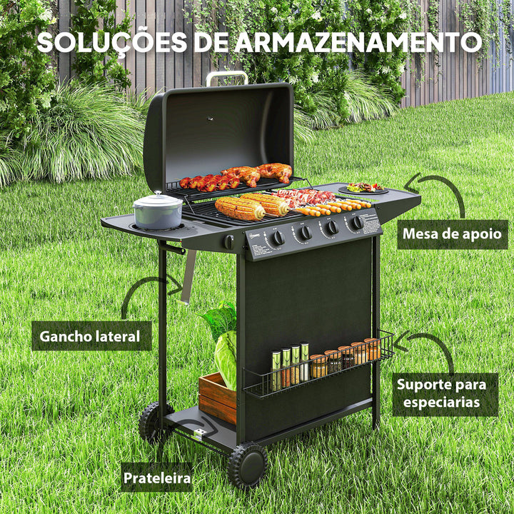 Barbecue a Gás com 4+1 Queimadores 12 kW Barbecue Portátil com Termómetro Mesa Lateral Prateleira para Temperos Grelha Recolhedor de Gordura 2 Rodas para Jardim Exterior Campismo 121x54x97 cm Preto