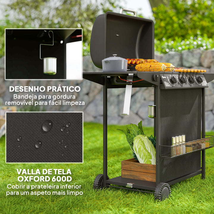 Barbecue a Gás com 4+1 Queimadores 12 kW Barbecue Portátil com Termómetro Mesa Lateral Prateleira para Temperos Grelha Recolhedor de Gordura 2 Rodas para Jardim Exterior Campismo 121x54x97 cm Preto