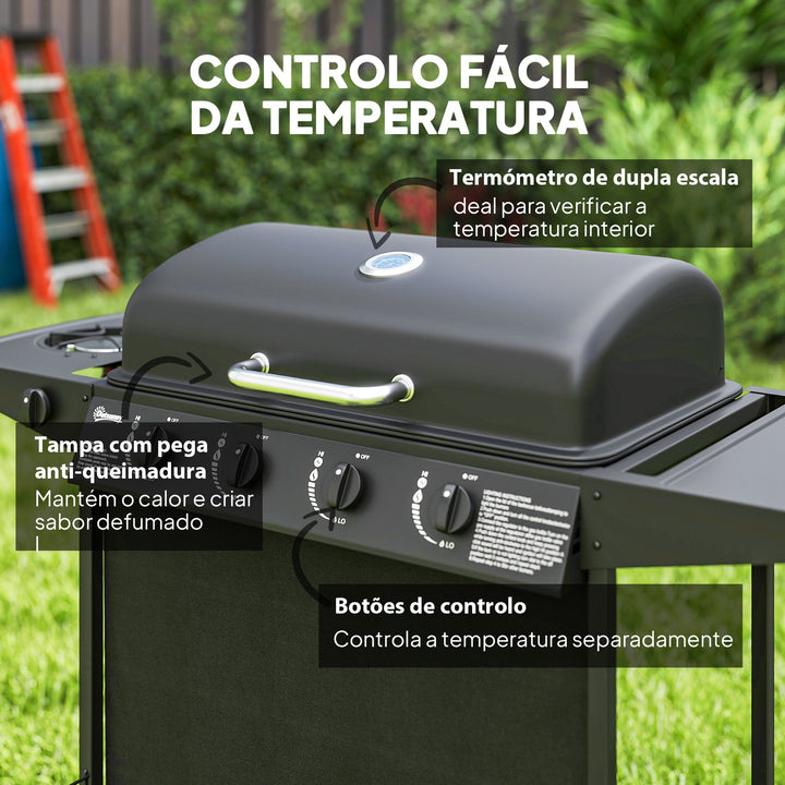 Barbecue a Gás com 4+1 Queimadores 12 kW Barbecue Portátil com Termómetro Mesa Lateral Prateleira para Temperos Grelha Recolhedor de Gordura 2 Rodas para Jardim Exterior Campismo 121x54x97 cm Preto