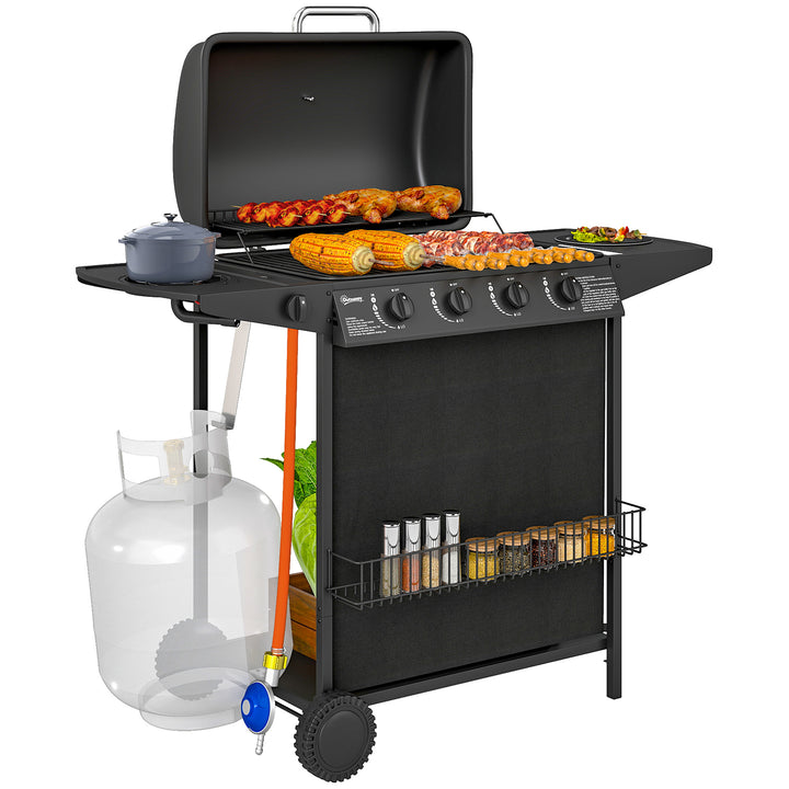 Barbecue a Gás com 4+1 Queimadores 12 kW Barbecue Portátil com Termómetro Mesa Lateral Prateleira para Temperos Grelha Recolhedor de Gordura 2 Rodas para Jardim Exterior Campismo 121x54x97 cm Preto