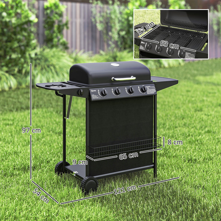 Barbecue a Gás com 4+1 Queimadores 12 kW Barbecue Portátil com Termómetro Mesa Lateral Prateleira para Temperos Grelha Recolhedor de Gordura 2 Rodas para Jardim Exterior Campismo 121x54x97 cm Preto