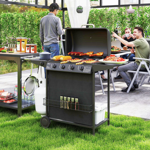 Barbecue a Gás com 4+1 Queimadores 12 kW Barbecue Portátil com Termómetro Mesa Lateral Prateleira para Temperos Grelha Recolhedor de Gordura 2 Rodas para Jardim Exterior Campismo 121x54x97 cm Preto
