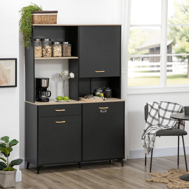 Armário de Cozinha Aparador de Sala de Jantar com 1 Gaveta 3 Portas e Armazenamento Aberto Móvel Auxiliar para Microondas de Estilo Moderno 119x41x180cm Preto