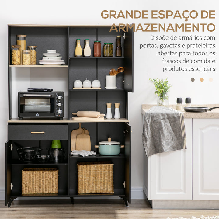 Armário de Cozinha Aparador de Sala de Jantar com 1 Gaveta 3 Portas e Armazenamento Aberto Móvel Auxiliar para Microondas de Estilo Moderno 119x41x180cm Preto