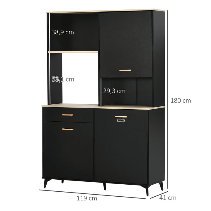Armário de Cozinha Aparador de Sala de Jantar com 1 Gaveta 3 Portas e Armazenamento Aberto Móvel Auxiliar para Microondas de Estilo Moderno 119x41x180cm Preto