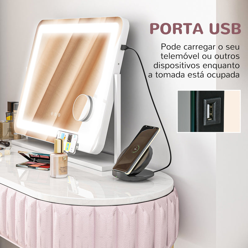 Espelho de Maquilhagem com Luzes Espelho de Toucador Giratório 58x46 cm com 3 Modos de Iluminação Interruptor Tátil Espelho de Maquilhagem com Suporte para Telemóvel e Entrada USB Branco