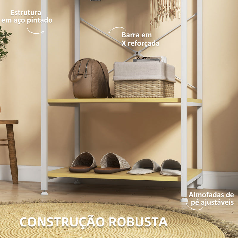 Suporte para Cabide com Barra Suspensa e 2 Estantes de Armazenamento para 6 Pares de Sapatos para Entrada Corredor Quarto 60x40x167,5 cm Natural e Branco