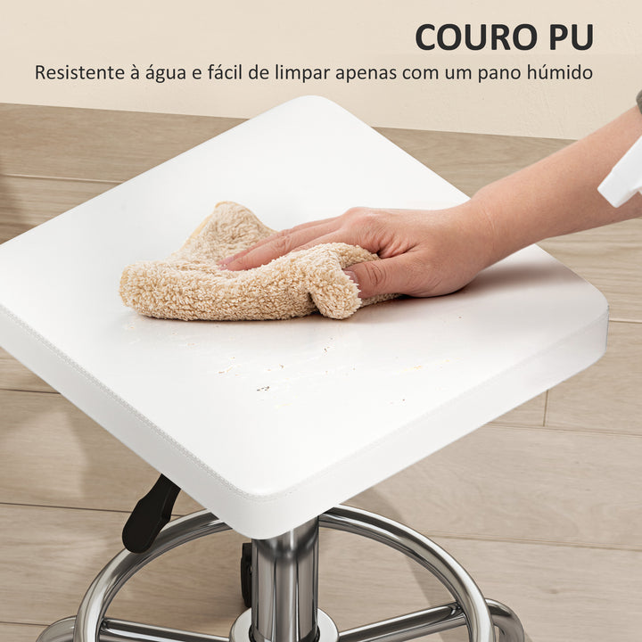 Banco Giratório Banco com Rodas Altura Regulável 50-66 cm Assento Estofado em Imitação de Couro Descanso para os Pés para Salões e Oficinas 34x34x50-66 cm Branco